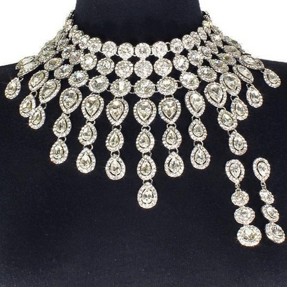 Silver and Clear Crystals Choker Necklace Set Waterfall Statement Jewelry - Picture 1 of 2